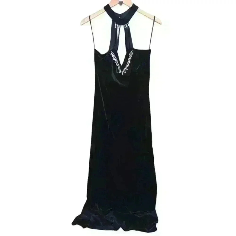 Vintage Sally Black Velvet Plus Size High Neck Sleeveless Long Evening D…